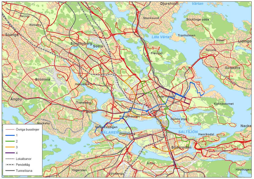 2(32) Linjenätet Undersökningsområdets kollektivtrafik består av flera lokalbanor, tunnelbana, stombuss- och övriga busslinjer, se Figur 0-1 och Figur 0-2 för innerstadens stombussnät.