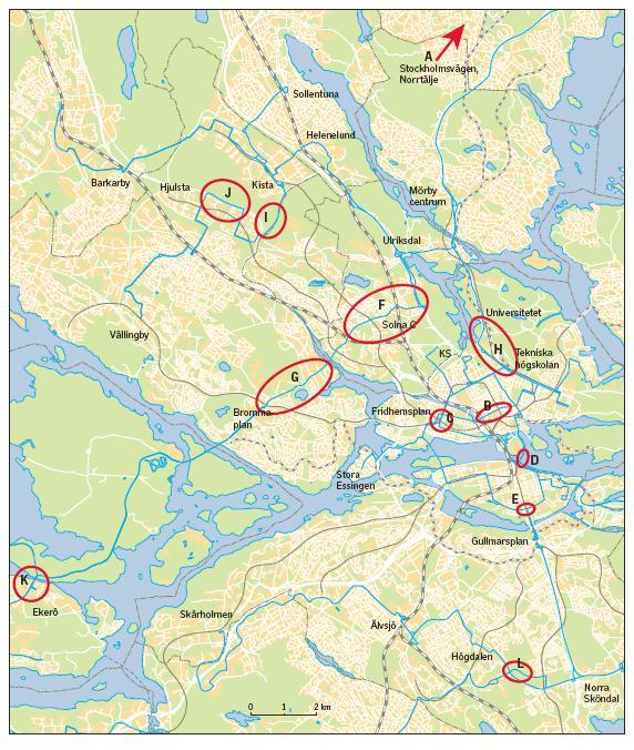 21(32) Linje 1: Fridhemsplan, Kungsgatan Linje 2: Slussen Linje 3: Fridhemsplan, Slussen, Ringvägen Linje 4: Fridhemsplan, Valhallavägen Figur 0-15 Platser i Stockholms län där medelhastigheten för