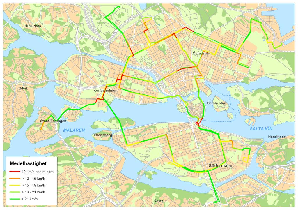 24(32) Västerbroplan och på Odengatan som drabbar linje 3, linje 1 och 4 respektive linje 2 och 4. Figur 0-17 Medelhastighet i innerstadens stombussnät under morgonrusning (2009).