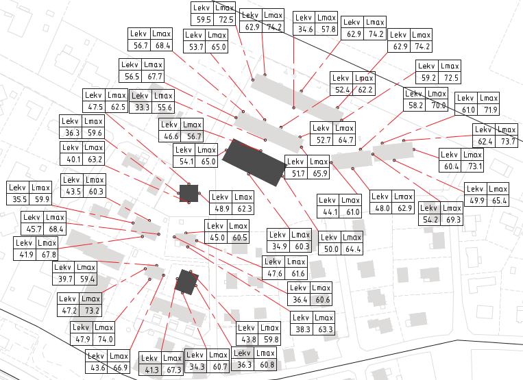 8(14) Kartan visar dygnsekvivalent och -maximal ljudnivå. Svarta byggnadskroppar representerar nya byggnader.