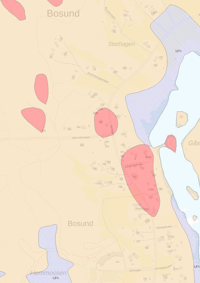 1-10 Jordmån Planområdet domineras av moränmark med ställvisa bergsbundna partier. Brun färg; moränmark, röd färg; berg. Bild 6. Jordmånskarta GTK.