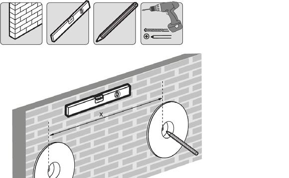 Montering på betong- eller tegelvägg SVENSKA Märk ut monteringshålens placering Förborra hålen Tabell 1 b.1 X anger avståndet mellan väggfästena. L anger vajerlängd.