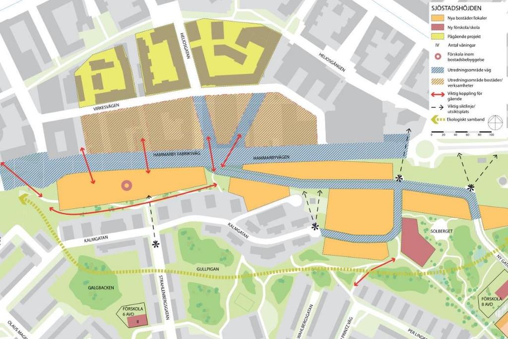 I illustrationen, Figur 3, visas hur Hammarbyvägen och Hammarby fabriksväg omvandlas och en ny bebyggelse söder om dem skapas.