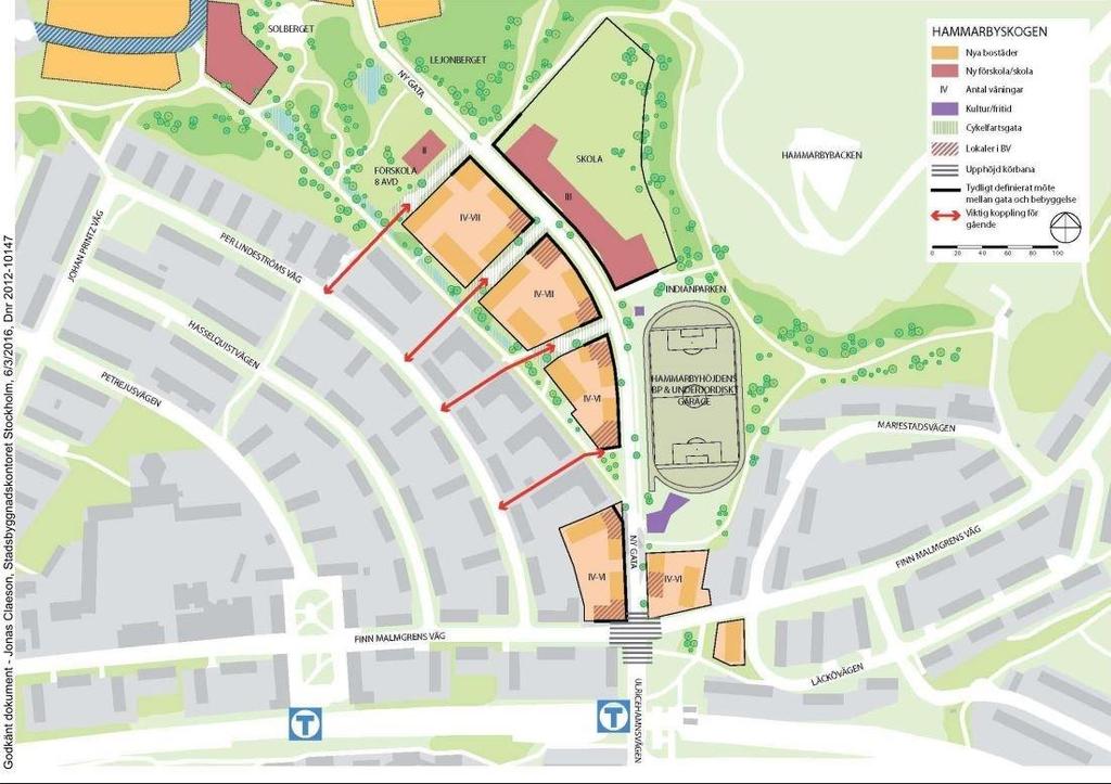 Kalmgatan visas med en ny koppling till Hammarby skogsväg. Figur 3. Sjöstadshöjden från områdesprogrammet Källa: SBK områdesprogram.
