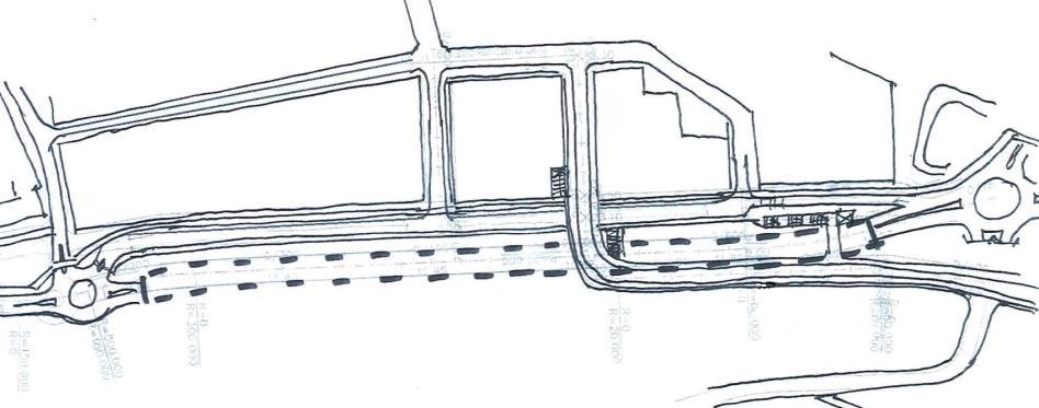 6.4 ALTERNATIV 2D Hammarbyvägen intunnlas och förskjuts söderut. Hammarbyvägen överdäckas mellan Textilgatan och Hammarbymotet. Överdäckningen är ca 525 meter lång, mynning till mynning.
