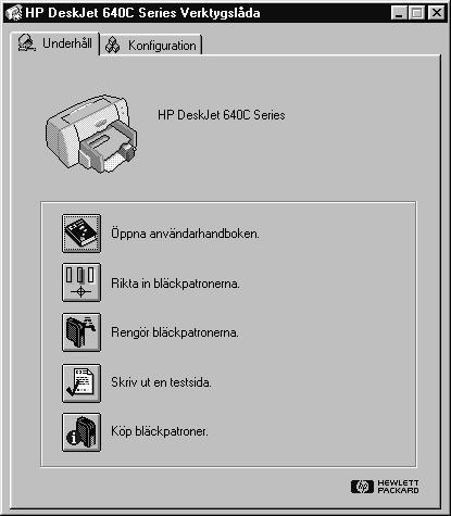 HP Verktygslåda Använd HP DeskJet Verktygslåda för att rengöra och underhålla skrivaren, ta reda på uppgifter och skriva ut en testsida.