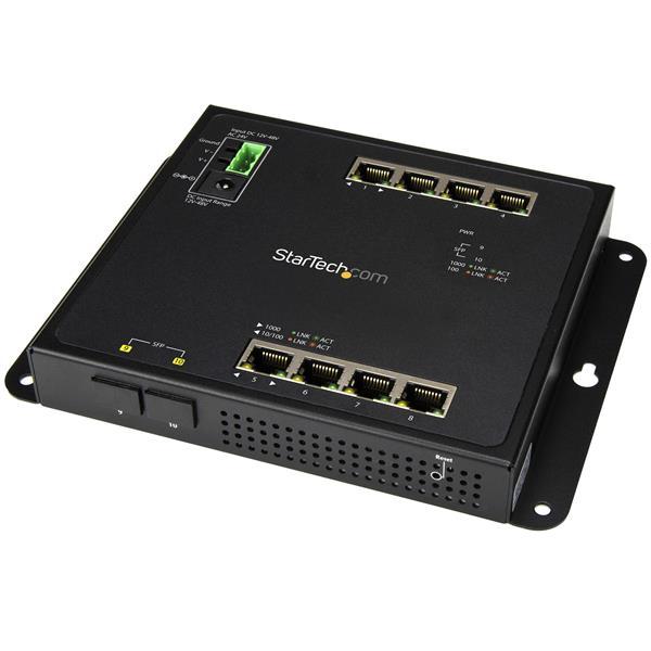 Gigabit Ethernetswitch med 8 portar en två SFPanslutningar - kontrollerbar - väggmontering med åtkomst framifrån Product ID: IES101G2SFPW Distribuera eller skala ditt nätverk enkelt med denna Gigabit
