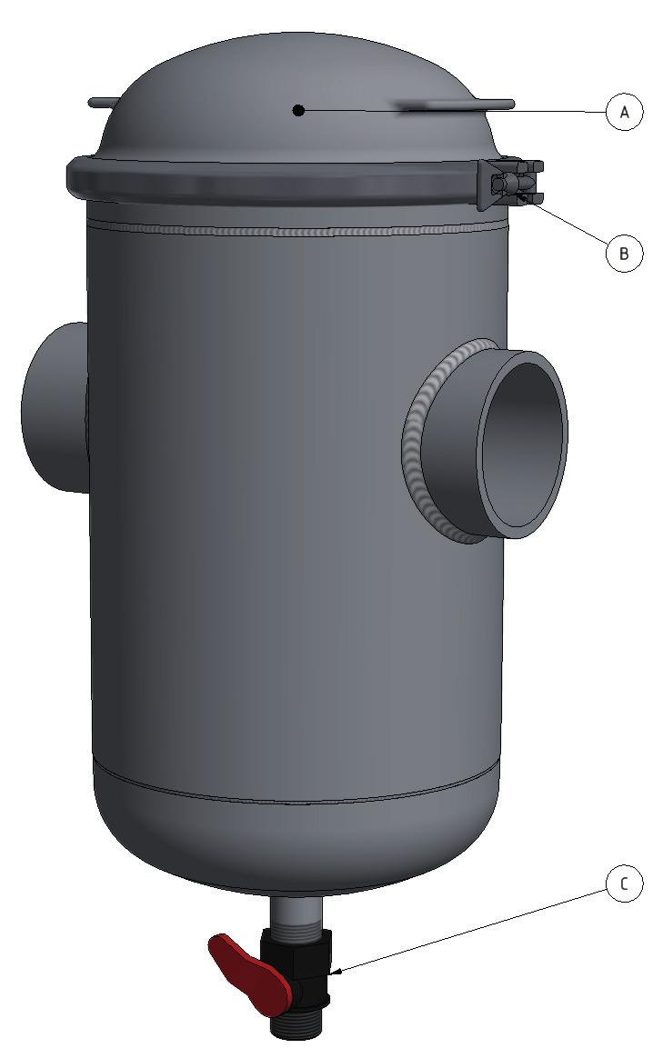 7.2 Rengöring av Hydrotech spolvattenfilter OBS! Före service, läs avsnitt 2.7. Om manometern visar ett tryck som är mer än 0,5 bar under normaltryck, ska spolvattenfiltret rengöras. 1.