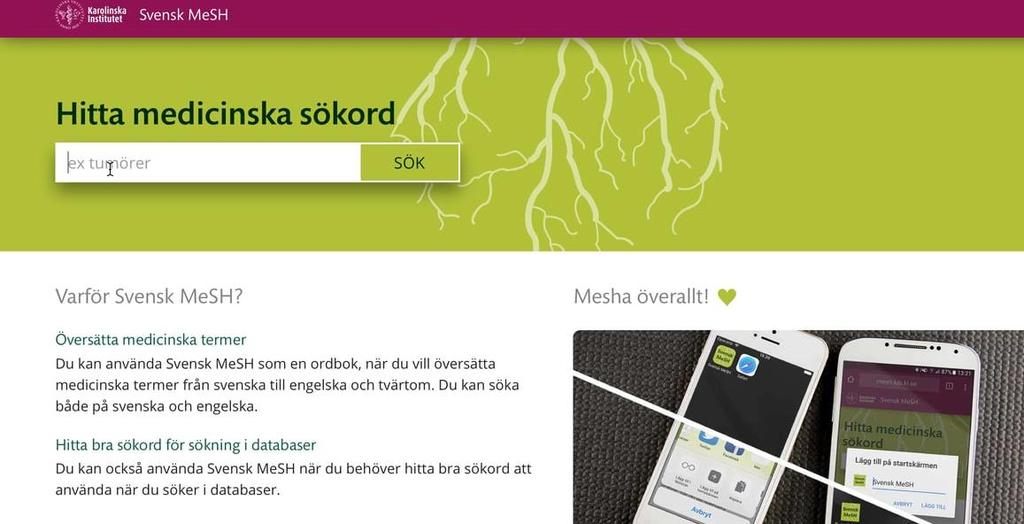 5 Vad är MeSH? Ordlista över medicinska ämnesord (Subject Headings) Utvecklad för PubMed/Medline Svensk MeSH Karolinska universitetsbiblioteket Varför MeSH?