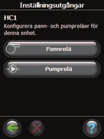 Konfiguration 2a. Konfigurera utgångar 1. Välj Inställningsreläer. 2. Välj Pannrelä eller Pumprelä.