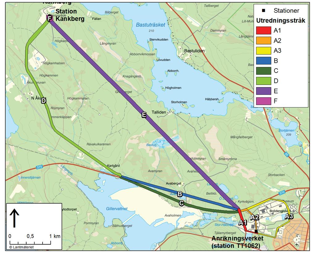 6(20) Figur 2-1. Ett antal alternativa utredningsstråk har identifierats mellan Anrikningsverket- Kankberg (stråk A1-A3 samt B-F).