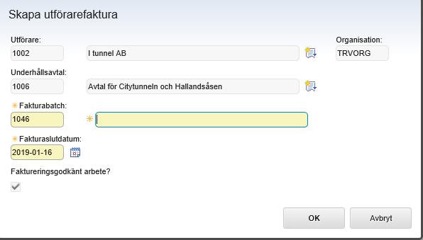 Ange beskrivning (rubrik) för fakturaunderlaget. Ange fakturadatum. 3. Skapa fakturaunderlag från utförarfakturering. Gå till applikationen Utförarfakturering. Sök fram aktuellt fakturaunderlag.