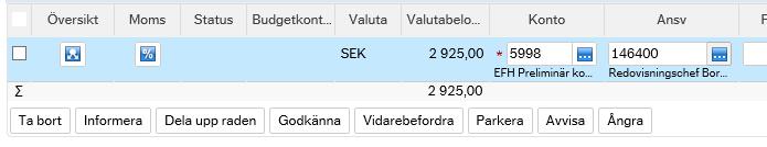 I fältet detaljer leverantörsfaktura skall man ange kodsträngen, raden är aktiv när den är ljusblå.