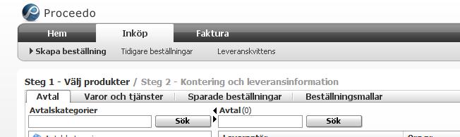 5.1 Skapa beställning (inköpare) För att kunna skapa en beställning måste du ha behörighet som inköpare, välj Inköp/Skapa beställning, se nedan. 5.1.1 Söka fram avtal/ artikel/vara Det finns olika sätt att söka fram varor, gå till Inköp/Skapa beställning.