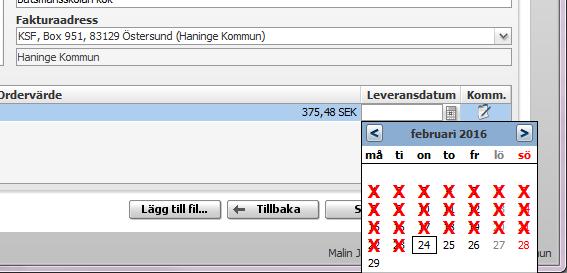 Nedan ser vi en komplett beställning med namn, artiklar, kontering och ett önskat leveransdatum.