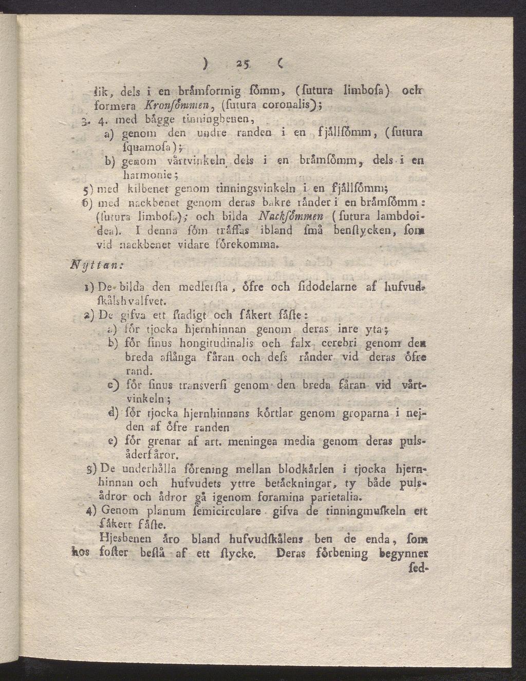 ) 25 C iik, dels I en bråmformig foinni, (fatura limbofa) oclr formera Kronfommen, (futura coronalis); 4.