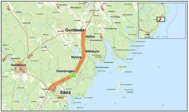 2. Bakgrund och syfte Trafikverket har beslutat om att bygga om E4:an, på sträckan Sikeå-Gumboda i Västerbottens län, till en mötesfri landsväg bestående av 2+1 omkörningssträckor och mitträcke.