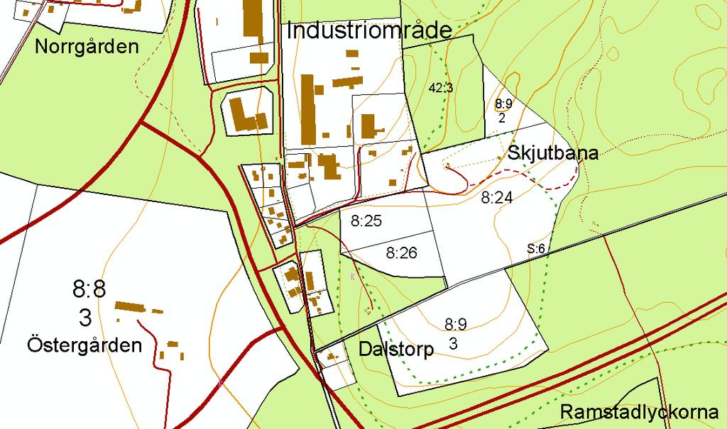 Fastighetsägande. Grönt ägs av Mjölby kommun och vitt är privat.
