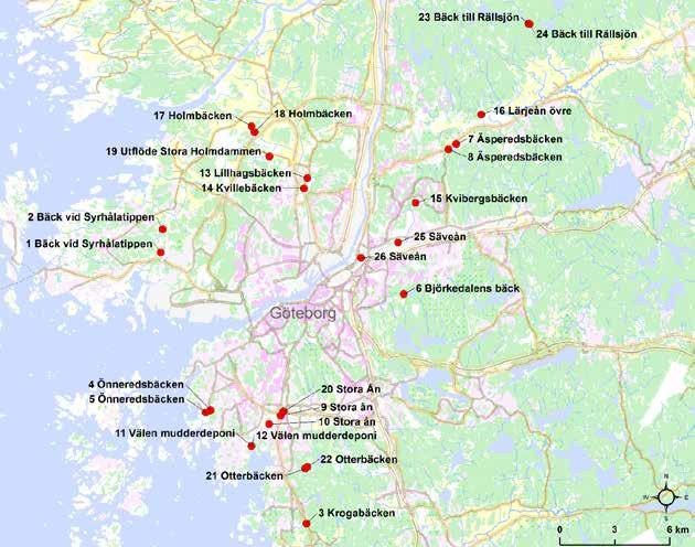 Observera att punkterna 22-Otterbäcken vid Lilla Gömysten, 23-Bäck till Rällsjön uppströms skjutbanan och 25-Säveån vid Kvibergs broväg är nya