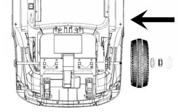 Genomför dessa steg på båda framhjulen. Steg 2: Montera bakhjul 1) Montera hjulet på den bakre hjulaxeln.