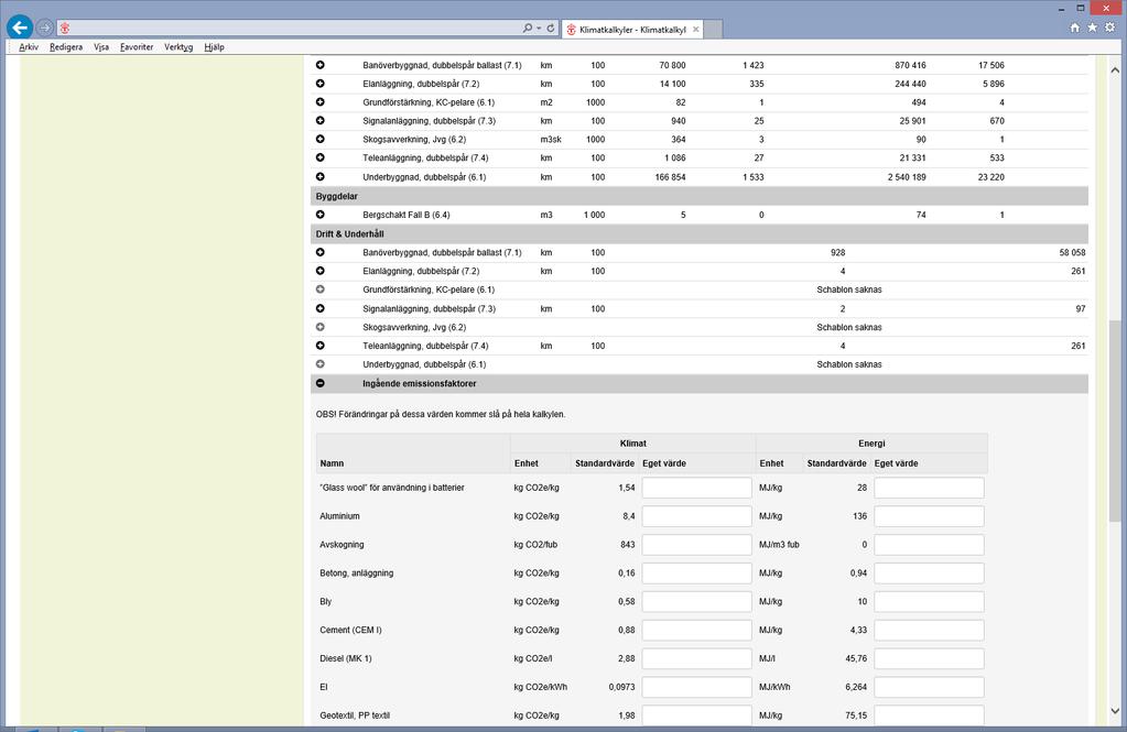 Figur 19. Justera emissionsfaktorer för genomslag i hela klimatkalkylen 3.3.5 Lägg till eget material I ingång B och C kan du lägga till egna material på samma sätt som byggdelar läggs till.