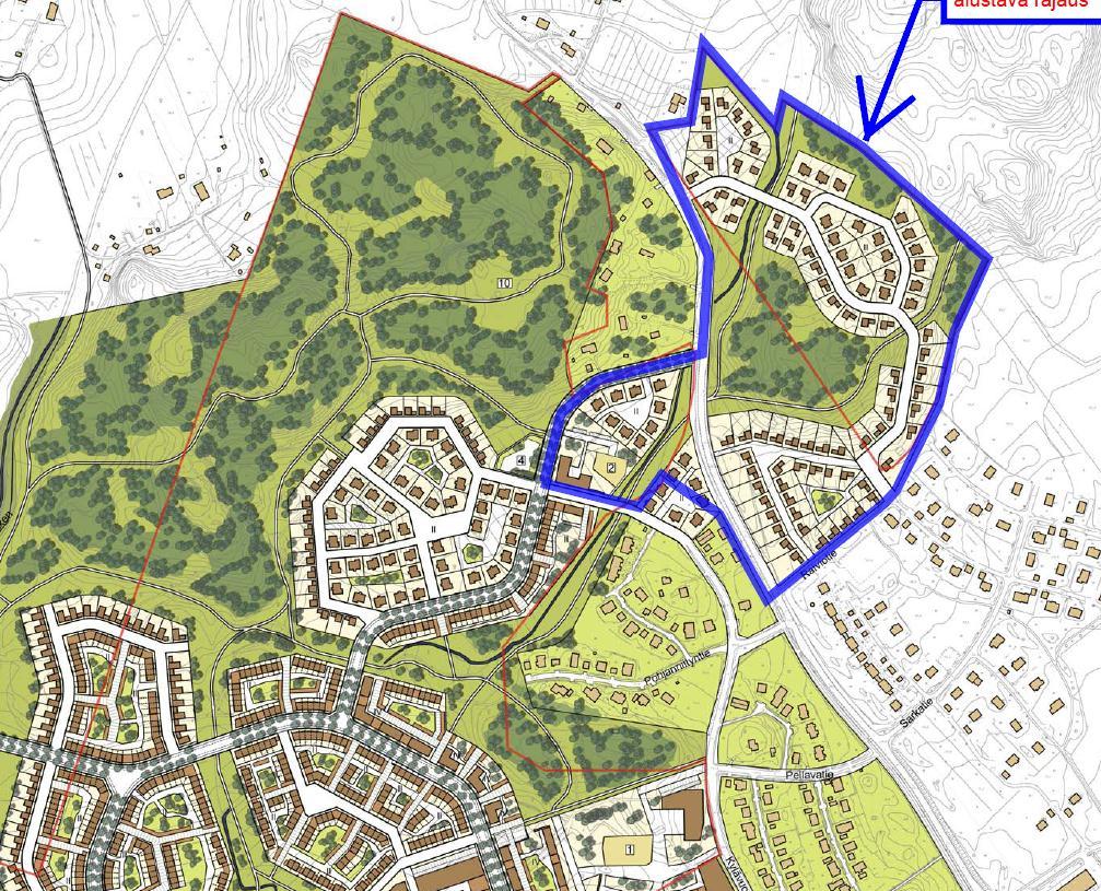 Nikkilän Kartano III kaavarunko, havainnekuva Planstomme för Nickby Gård III, illustration Alustava rajaus Preliminär