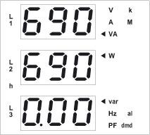 9 Admd L1 Admd L2 Admd L3 dmd = Termisk ström (integrationstid valbart mellan 1 30 minuter) 10 An n Hz Ström i neutralledare och nätfrekvens.