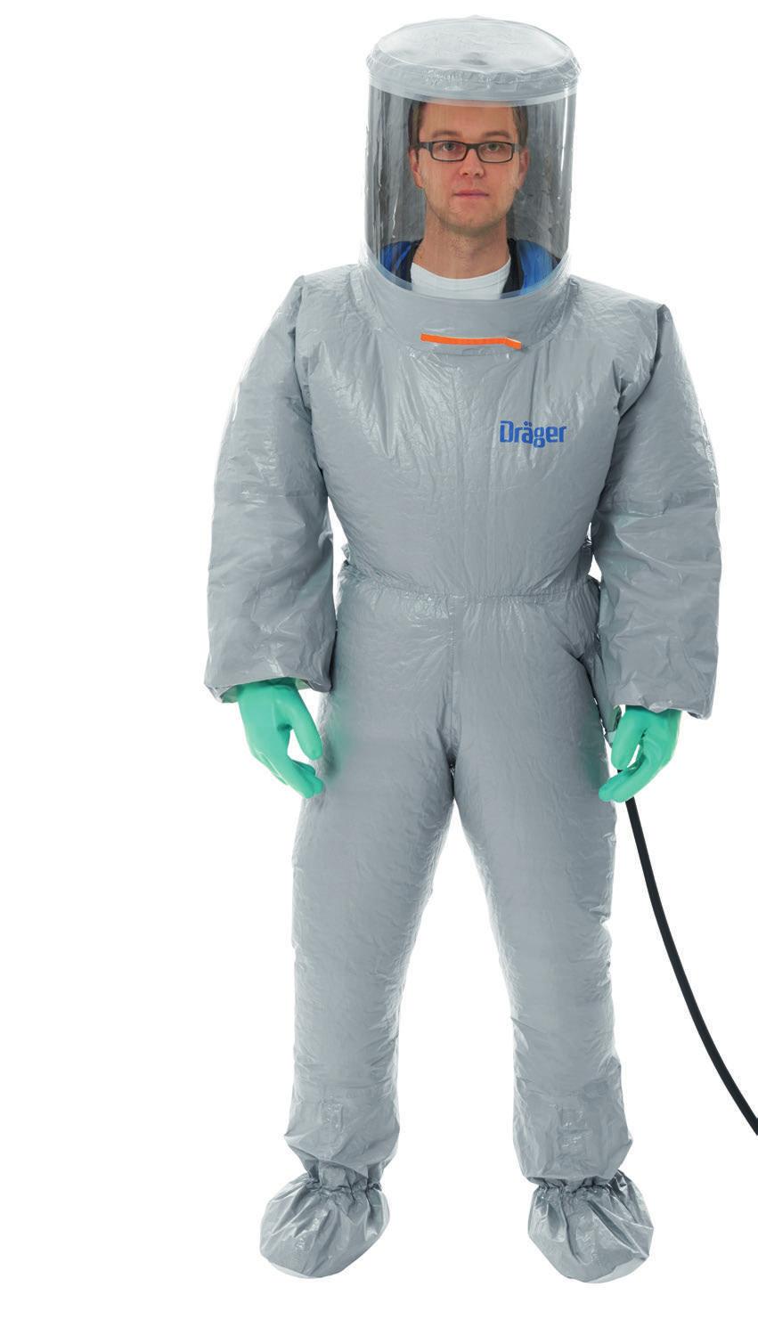 Dräger SPC 3700 med CVA 0700 Stänkskyddsdräkt med luftanslutning Dräger SPC 3700 är en skyddsdräkt med konstant luftﬂöde för engångsbruk.
